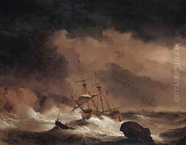 An Indiaman In A Gale Off A Rocky Coast Oil Painting by Willem van de Velde the Younger