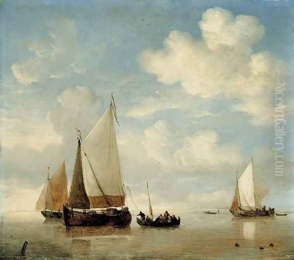 Calm Dutch Smalschips And A Rowing Boat Oil Painting by Willem van de Velde the Younger