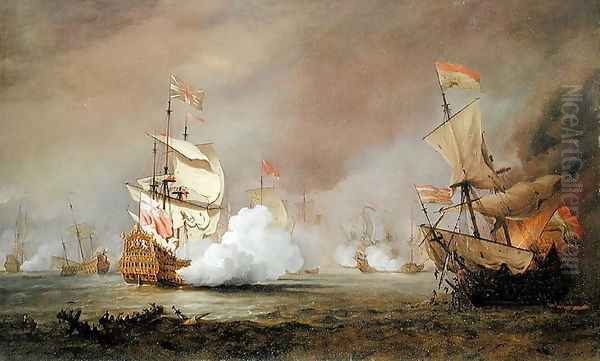 Sea Battle of the Anglo-Dutch Wars, c.1700 Oil Painting by Willem van de Velde the Younger