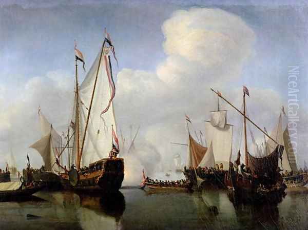 A Calm A Dutch States Yacht firing a salute Oil Painting by Willem van de Velde the Younger