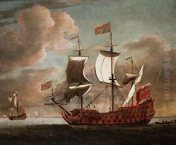 The British manowar The Royal James flying the royal ensign off a coast Oil Painting by Willem van de Velde the Younger