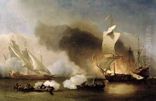 An Action off the Barbary Coast with Galleys and English Ships, c.1695 Oil Painting by Willem van de Velde the Younger