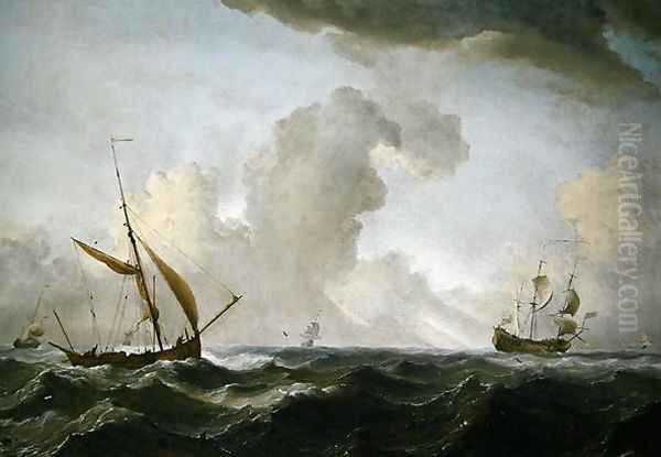 An English Galliot at sea running before a strong wind, c.1690 Oil Painting by Willem van de Velde the Younger