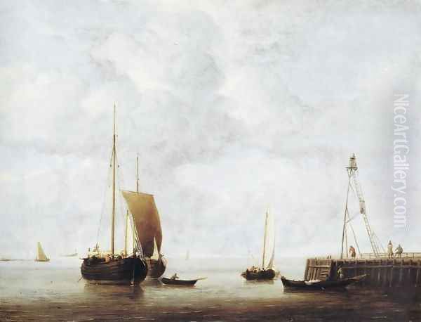 A Dutch Hoeker at Anchor near a Pier Oil Painting by Willem van de Velde the Younger