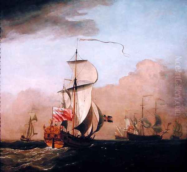 The Second Duke of Albemarles Ketch with a yacht to the left and three warships in the distance to the right Oil Painting by Willem van de Velde the Younger