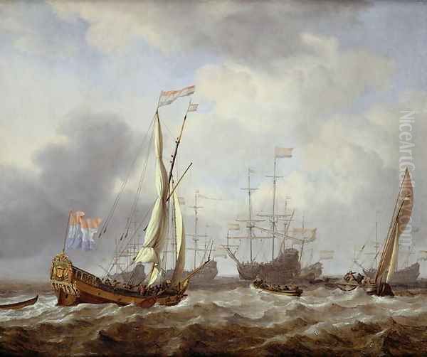 Dutch States yacht sailing in a light breeze on choppy seas, with a kaag nearby and other shipping at anchor beyond Oil Painting by Willem van de Velde the Younger