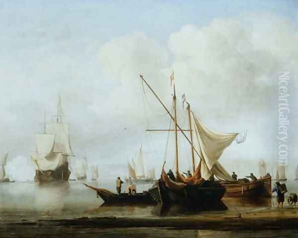 A Kaag and Smalschip near the Shore with a Ship Firing a Gun Oil Painting by Willem van de Velde the Younger