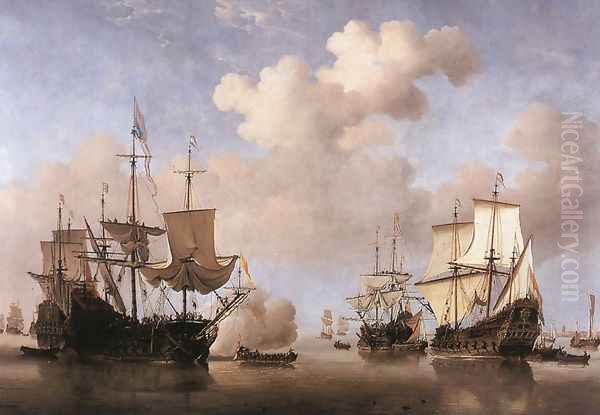 Calm- Dutch Ships Coming to Anchor 1665-70 Oil Painting by Willem van de Velde the Younger