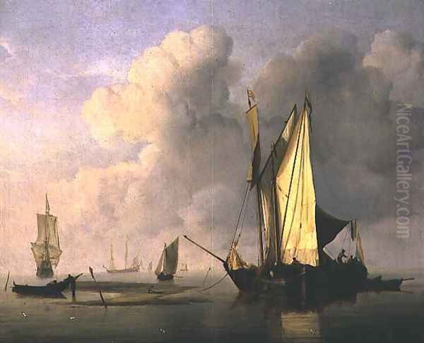 A Kaag Anchored by a Sandbank with Two Other Vessels Oil Painting by Willem van de Velde the Younger