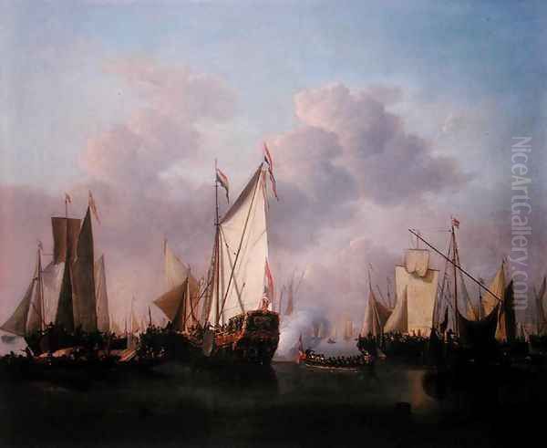 A States yacht and other Vessels in a very light air, c.1655 Oil Painting by Willem van de Velde the Younger