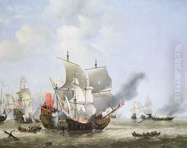 The Burning of the Andrew at the Battle of Scheveningen, c.1653-54 Oil Painting by Willem van de Velde the Younger