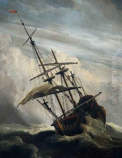 Ship in High Seas Caught by a Squall [detail #1] Oil Painting by Willem van de Velde the Younger