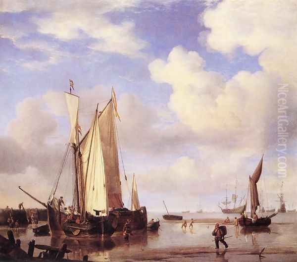 Ships Close Inshore at Low Tide Oil Painting by Willem van de Velde the Younger