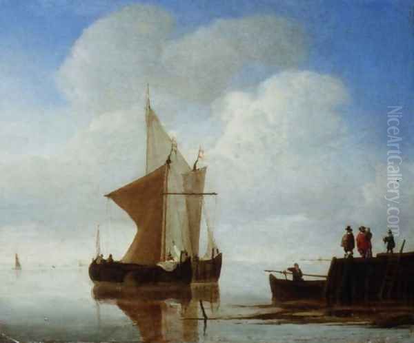 Two Smalschips off the end of a Pier Oil Painting by Willem van de Velde the Younger