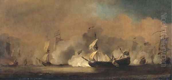 Dutch men-o'-war and other shipping fighting the battle of Kijkduin a sketch Oil Painting by Willem van de Velde the Younger