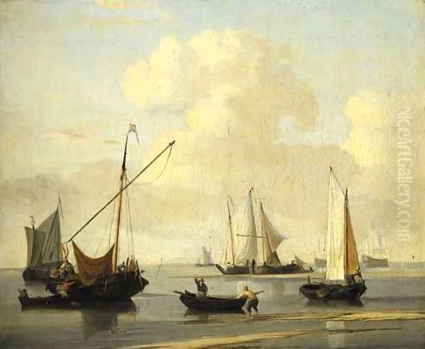 A kaag, a weyschuit and two rowing-boats off a sandbank in a calm, two men-o'-war and other shipping beyond Oil Painting by Willem van de Velde the Younger