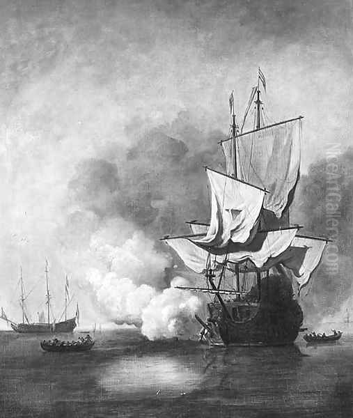 A Dutch Ship Getting Under Way Firing A Salute - 'The Cannon Shot' Oil Painting by Willem van de Velde the Younger