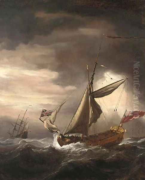 An English Royal yacht and other vessels in heavy seas Oil Painting by Willem van de Velde the Younger