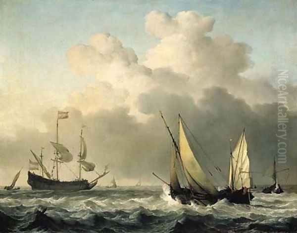 A wijdschip close-hauled in a fresh breeze, with other shipping Oil Painting by Willem van de Velde the Younger