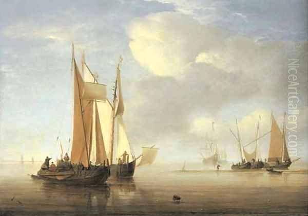 A kaag and a wijdschip in a calm Oil Painting by Willem van de Velde the Younger