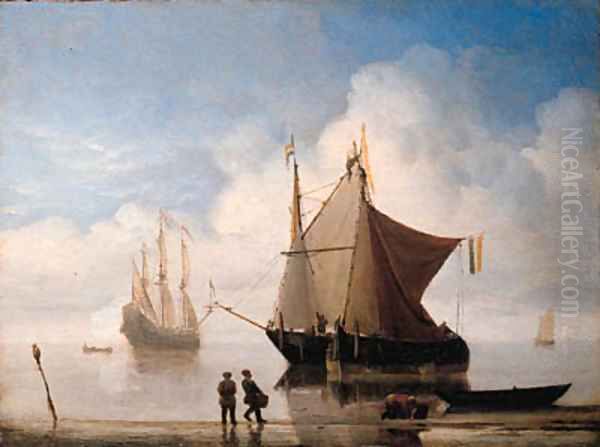 A States yacht and other shipping offshore in a calm Oil Painting by Willem van de Velde the Younger