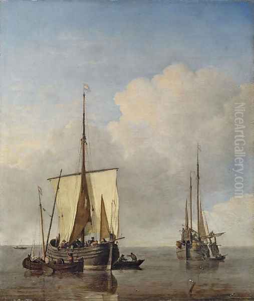 A hoeker and a fishing buss at anchor in a calm Oil Painting by Willem van de Velde the Younger