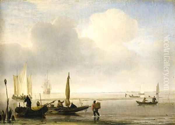 Two fishing boats off a spit of sand in a calm, with other shipping in an estuary Oil Painting by Willem van de Velde the Younger