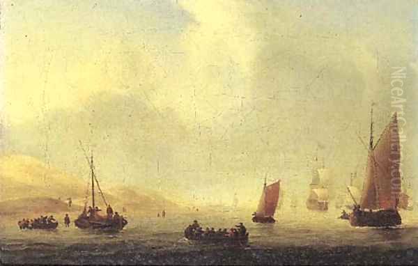 Fishermen in rowing boats with a wijdschip and other sailing vessels off the dunes, in a light breeze Oil Painting by Willem van de Velde the Younger