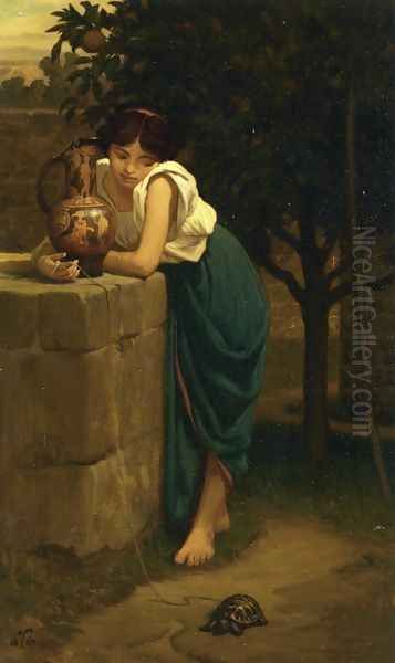 Etruscan Girl with Turtle Oil Painting by Elihu Vedder