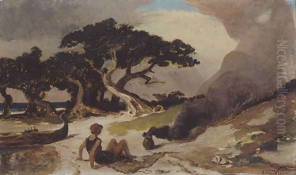 Fisherman and the Genie, c.1863 Oil Painting by Elihu Vedder