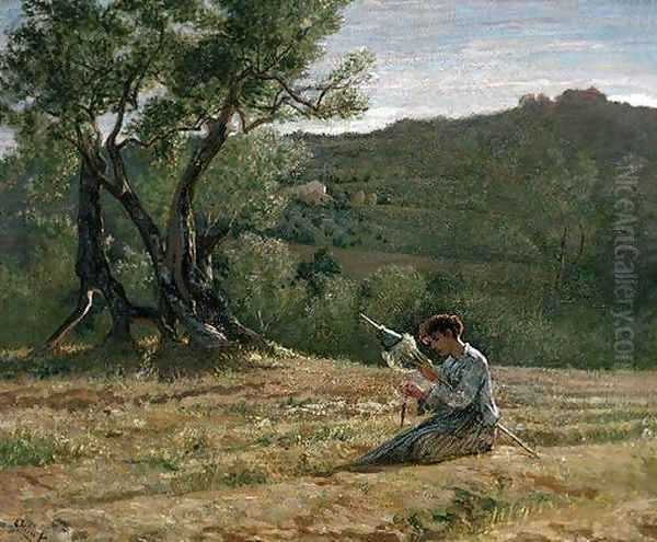 Peasant Girl Spinning Oil Painting by Elihu Vedder