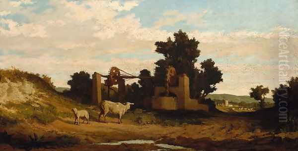 Landscape with Sheep and Old Well, c.1857 Oil Painting by Elihu Vedder