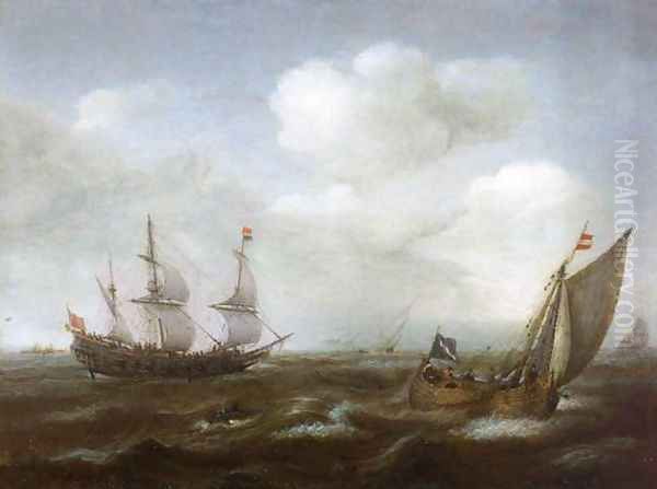 A Dutch Ship and Fishing Boat in a Fresh Breeze Oil Painting by Cornelis Hendricksz. The Younger Vroom