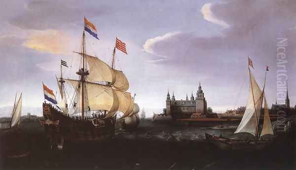 Arrival of a Dutch Three-master at Schloss Kronberg Oil Painting by Cornelis Hendricksz. The Younger Vroom