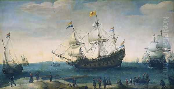 Het uitzeilen van een aantal Oost-Indiëvaarders uit het Marsdiep. In het midden het schip 'Mauritius' 2 Oil Painting by Cornelis Hendricksz. The Younger Vroom