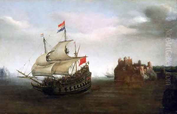 A Castle with a Dutch Ship Sailing Nearby Oil Painting by Cornelis Hendricksz. The Younger Vroom