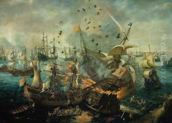 The Explosion of the Spanish Flagship during the Battle of Gibraltar, 25 April 1607 Oil Painting by Cornelis Hendricksz. The Younger Vroom