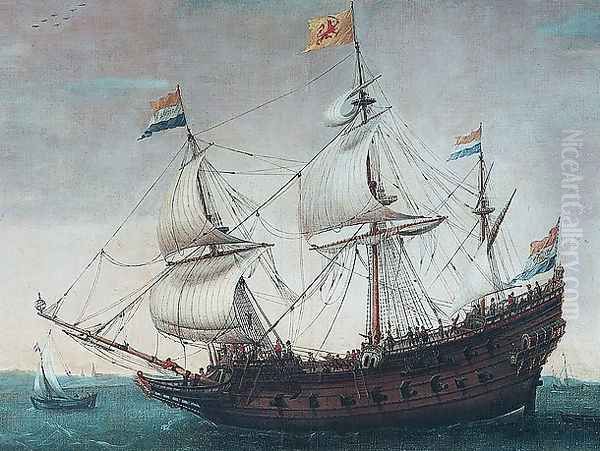 Het uitzeilen van een aantal Oost-Indiëvaarders uit het Marsdiep. In het midden het schip 'Mauritius' Oil Painting by Cornelis Hendricksz. The Younger Vroom