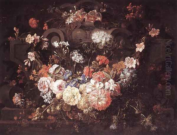 Cartouche with Flowers Oil Painting by Gaspar-pieter The Younger Verbruggen