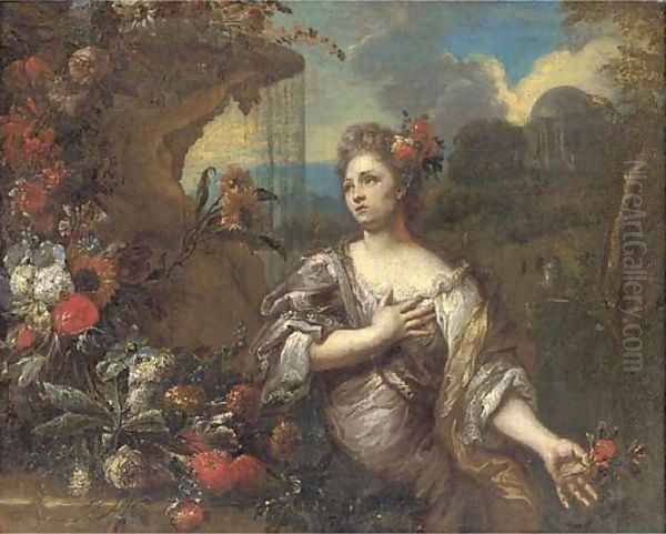 A portrait of a lady, three-quarter-length, with a flower in her left hand, a garland of flowers to her right and a classical landscape beyond Oil Painting by Gaspar-pieter The Younger Verbruggen