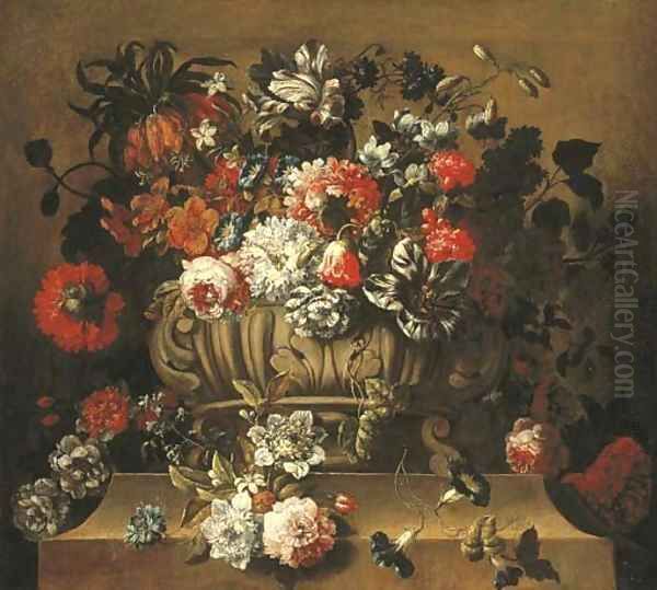 Tulips, a crown imperial lily, morning glory, roses, a peony and other flowers in a sculpted urn on a stone ledge Oil Painting by Gaspar-pieter The Younger Verbruggen