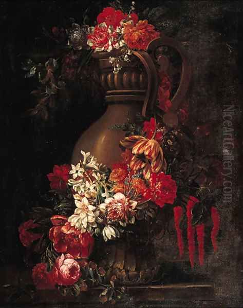 A garland of flowers decorating a sculpted urn on a stone ledge, a landscape beyond Oil Painting by Gaspar-pieter The Younger Verbruggen