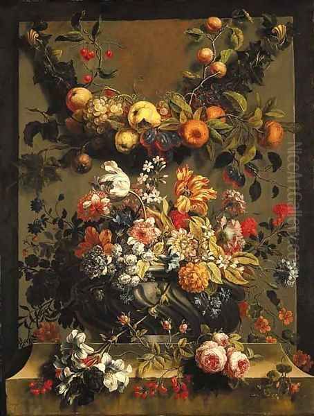 Tulips, roses, carnations, lilies, chrysanthemums and other flowers in an urn on a stone ledge, a bough of oranges, pears, grapes, cherries, nectarine by Gaspar-pieter The Younger Verbruggen