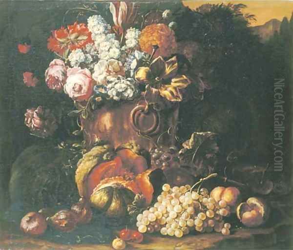 A still life of flowers in a bronze vase, with a melon, grapes, peaches and other fruit on a forest floor Oil Painting by Gaspar-pieter The Younger Verbruggen