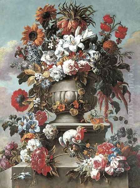 Lillies, peonies, sunflowers, foxglove and other flowers in an urn with a cockatoo on a stone ledge Oil Painting by Gaspar-pieter The Younger Verbruggen