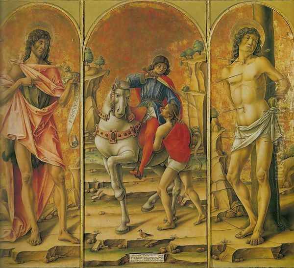 St. Martin Triptych (St. John the Baptist, St. Martin and the Poor Man, and St. Sebastian) Trittico di san Martino (San Giovanni Battista, san Martino e il povero e san Sebastiano) Oil Painting by Bartolomeo Vivarini