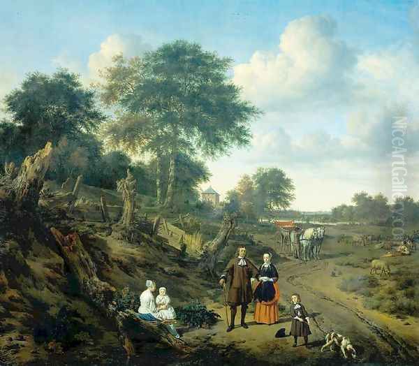 Family Portrait in a Landscape Oil Painting by Adriaen Van De Velde