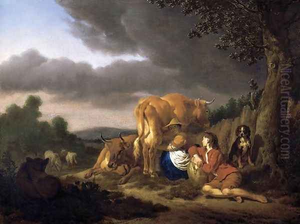 Milking a Cow 1666 Oil Painting by Adriaen Van De Velde