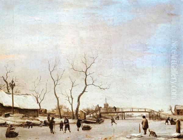 Frozen Canal with Skaters and Hockey Players Oil Painting by Adriaen Van De Velde