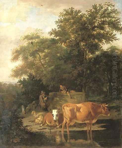 A wooded landscape with herdsmen resting and cows watering by a river Oil Painting by Adriaen Van De Velde